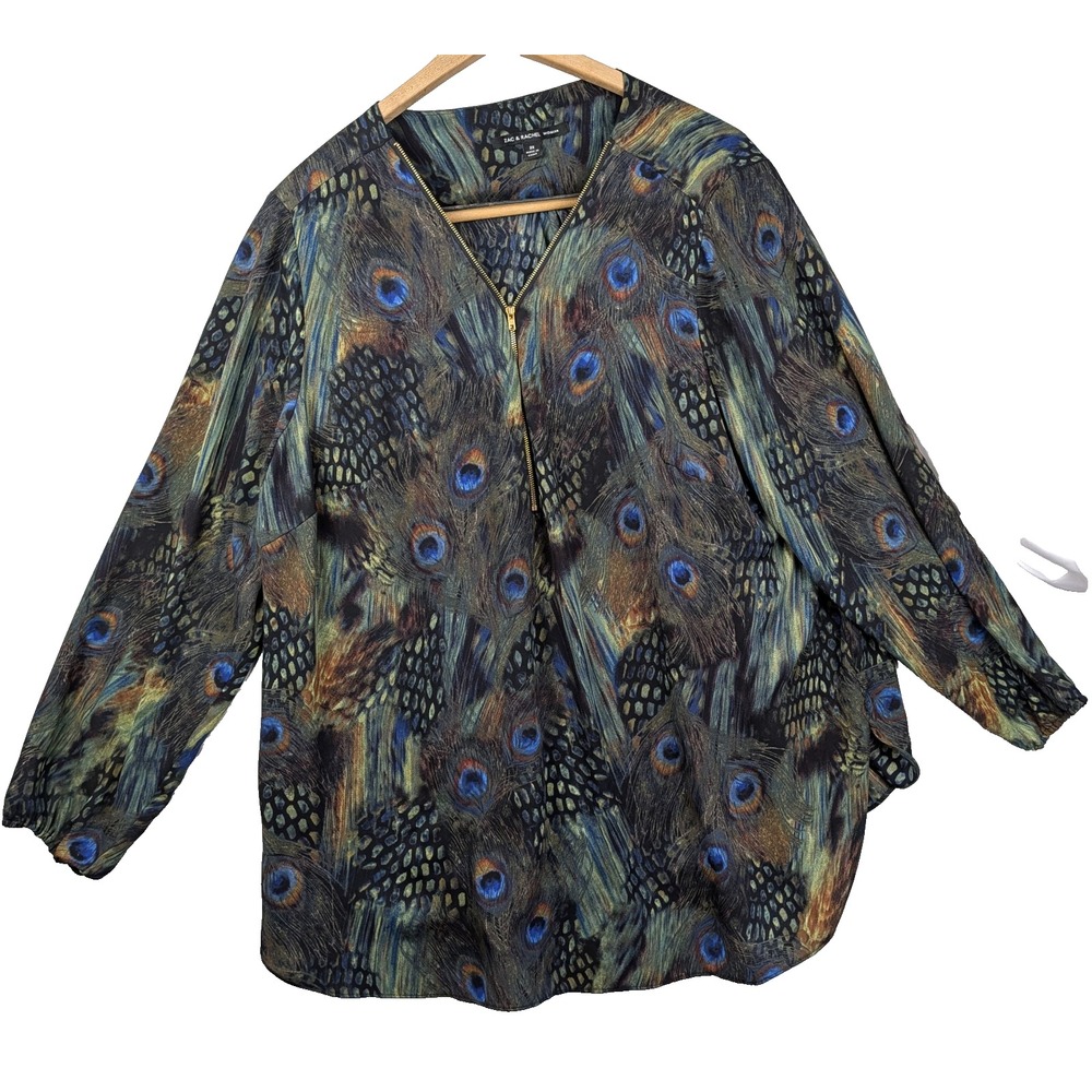 Zac & Rachel Blouse Size 2XL Peacock Feather Print Long Sleeve Zip V Neck Flowy